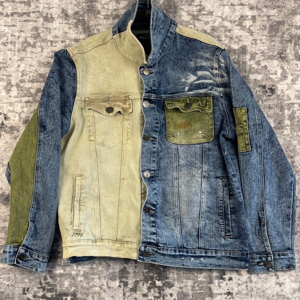 REASON Patchwork Denim Jacket Mens Large Distressed Color Block Urban Streetwear